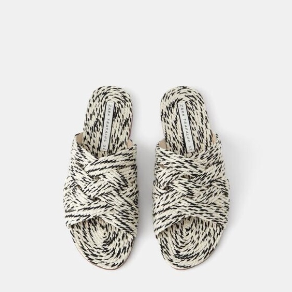 Zara Trafaluc black and white braided flat espadrille sandals